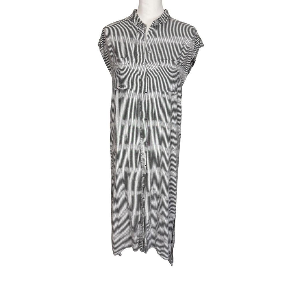 Kavu Womens Black White Striped Button Front Cap Sleeve Midi Shirt Dress Size M